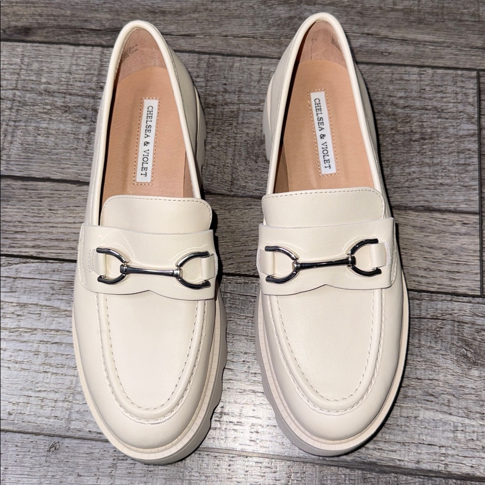 Chelsea & Violet Vera Leather Slip-on Log Sole Platform Cream Loafers